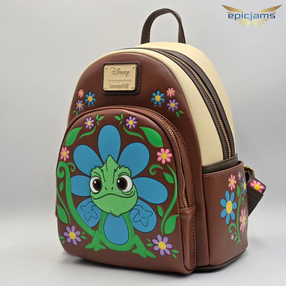 Loungefly Disney Tangled Pascal Flower Floral Brown Mini Backpack Bag New - Picture 3 of 7